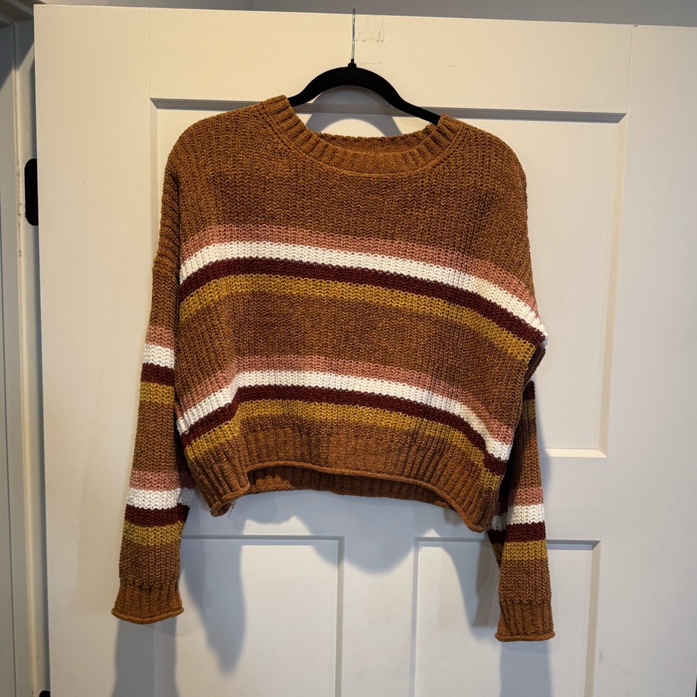 Pink Rose Chenille Block Striped Cropped Sweater